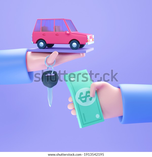 Hand hold tiny car, keys and\
money. Automobile dealer, buy or rent car. Modern 3d\
illustration