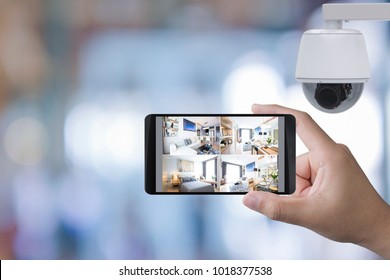 Hand Holding 3d Rendering Mobile Connect With Security Camera
