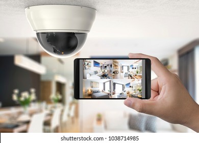 hand holding 3d rendering mobile connect with security camera