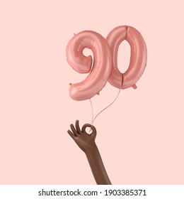Hand holding a 90th birthday pink foil celebration balloon. 3D Rendering