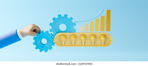 Hand holding abstract gears with idea light bulb icon, working process symbol, business development, successful teamwork, idea concept, partnership, innovation, cooperation, 3d rendering illustration - Powered by Shutterstock