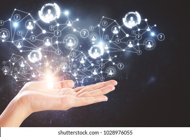 Hand Holding Abstract HR Hologram. Human Resources And Analytics Concept. 3D Rendering 