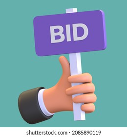 Hand Holding Auction Bid Text Board Icon 3d Rendered Illustration