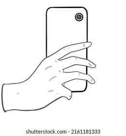 Hand Holding The Back Of The Mobile Phone Lineart. Taking Photos, Selfie. Back View.