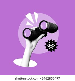 hand holding binoculars, woman, man, foresight, searching, good eyesight, objectives, goals, company, Anticipation, Planning, Binoculars, Hiring, Composite Image, Discovery, In Search, Creativity