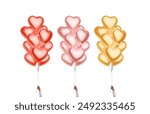 Hand holding blank colored heart balloon bouquet mockup, isolated, 3d rendering. Empty red, pink and gold decorative latex balls mock up, front view. Clear levitates balloons stack. 3D Illustration