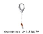 Hand holding blank silver pear balloon mockup, isolated, 3d rendering. Empty metallic inflation ball for decoration banner mock up, front view. Clear flying helium bubble un arm. 3D Illustration