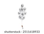 Hand holding blank silver pear balloon bouquet mockup, isolated, 3d rendering. Empty metallic balloons composition levitate mock up, front view. Clear arm with foil balls bunch. 3D Illustration