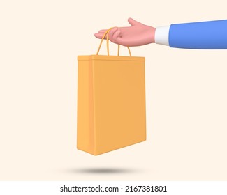 Hand Holding A Brown Paper Bag. Shopping Bag In Hand 3d Icon. Hand With Paper Shopping Bag. 3D Rendered Illustration