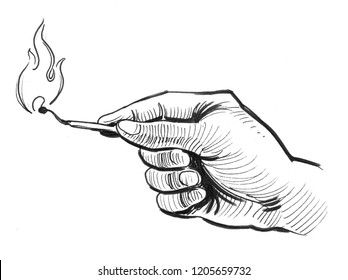 Hand holding burning match  Ink black   white drawing