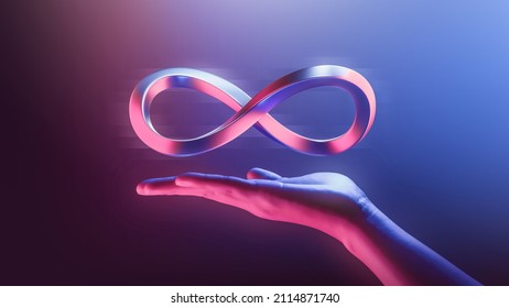 Hand Holding Endless Infinity Sign Of Virtual Reality Metaverse Digital Innovation Game Or Internet Future Online Simulation Media Cyber And World Communication On Connection Technology 3d Background.