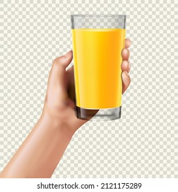 Hand Holding Fruit Juice. Transparent Mockup PNG.