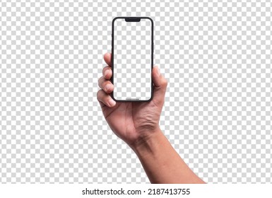 Hand Holding IPhone 13 Pro Max Transparent ,Smartphone Mockup Frameless With Screen Isolated Cell Phone Template For Infographics Or Presentation UI , Iphon X :Bangkok, Thailand - July 13, 2022