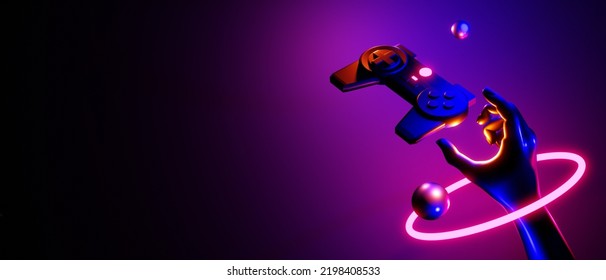 hand holding joystick video game of esports scifi gaming cyberpunk, vr virtual reality simulation and metaverse, scene stand pedestal stage, 3d illustration rendering, futuristic neon glow room - Powered by Shutterstock