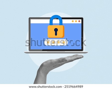 Hand holding labtop with security concept, Privacy, Future technology, Contemporary art collage, Modern design
