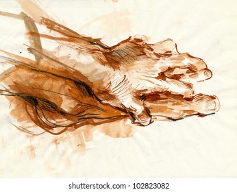 "Hand holding leg". Hand drawing. Mixed media : brown ink and charcoal.