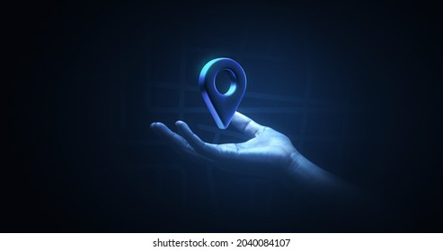 Hand holding location pin icon symbol or place map pointer navigation marker sign gps system on city route background with finding global distance search direction of graphic element street concept.