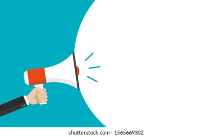 Hand is holding a megaphone or loud speaker. Loudspeaker banner with speech bubble for text. Design concept for business, social media, broadcasting, marketing. 