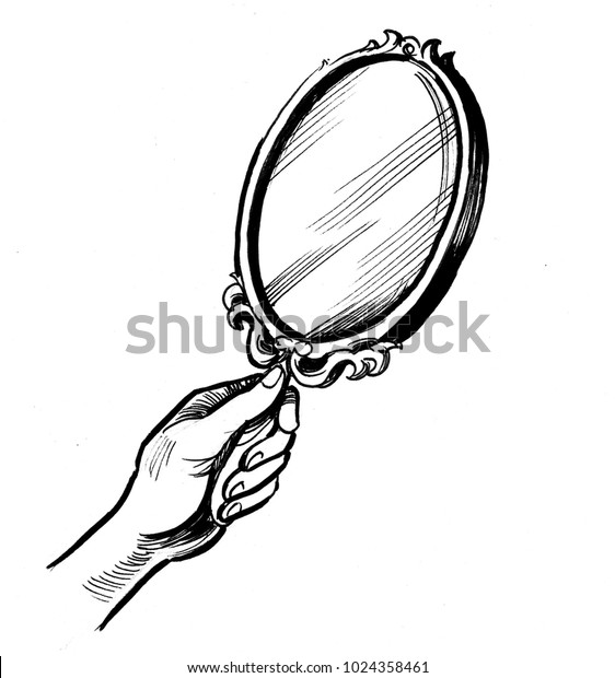 鏡を持つ手 白黒のインクイラスト のイラスト素材