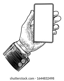 A Hand Holding A Mobile Phone In A Business Suit In A Vintage Old Woodcut Etching Style