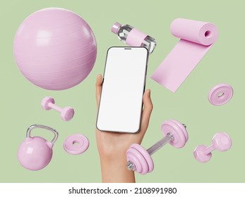 hand holding a mobile phone with pink exercise accessories around it. blank screen. concept of apps for fitness, online training, healthy living and technology. 3d rendering - Powered by Shutterstock