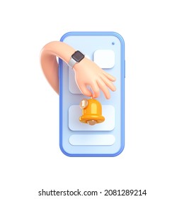 Hand Holding Notification Bell Icon In Phone Isolated On White Background. Minimal New Notification Concept. Social Media Element. 3d Rendering
