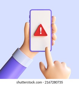 Hand Holding Phone With Attention Alert Sign, Red Hazard With Exclamation Mark Symbol, Mobile Fraud Warning, Online Scam Alert, Important Message. 3d Rendering