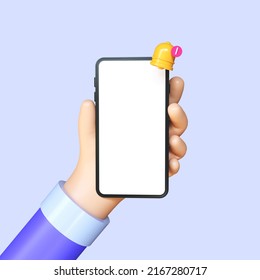 Hand Holding Phone With Bell Icon, New Notification, Email Message, Push Notification,  Reminder Icon, For Social Media Design Mockup. 3d Rendering