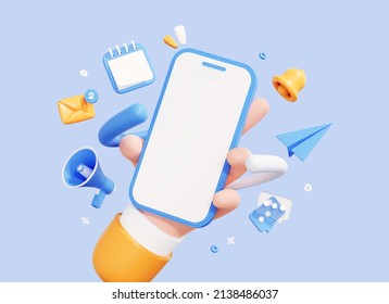 Hand Holding Phone With Business Management App. Online News And Work. Business Marketing Concept. Smartphone With Megaphone, Bell And Message. Cartoon Icon Isolated On Blue Background. 3D Rendering