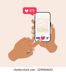 Hand holding phone with red heart. Sending love messages on smartphone. Chatting with friends. Social media addiction.  Illustration - Powered by Shutterstock