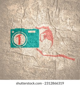 Hand holding photo camera icon with woman silhouette - Powered by Shutterstock