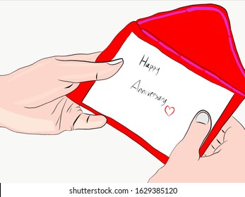 Hand holding red envelope,has note from the lover that says 