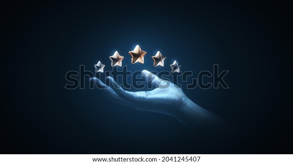 Hand holding review rating gold star sign or\
best excellent satisfaction five rate quality ranking success\
symbol on vote service rank background with like button and\
positive customer\
experience.