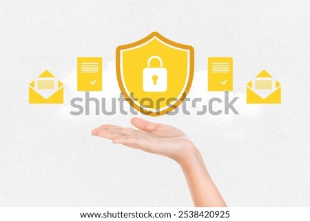 A hand holding shield protect and document icon, Privacy, Data protection, Contemporary Art collage, White paper background