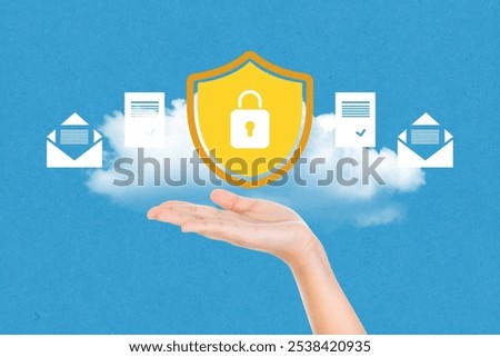 A hand holding shield protect and document icon, Privacy, Data protection, Contemporary Art collage