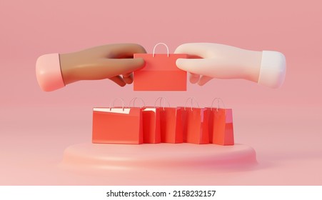 Hand Holding A Shopping Bag, Buying Or Gift Concept. 3D Rendering