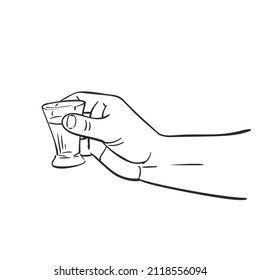 Hand Holding Shot Glass With Alcohol Drink, Sketch Hand Drawn Illustration Isolated Black And White