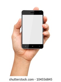 Hand Holding Smart Phone With Blank Screen On White Background