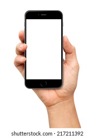 Hand Holding Smartphone With Blank Screen On White Background