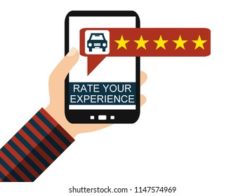 Hand Holding Smartphone: Car Review - Rate Your Experience - Flat Design