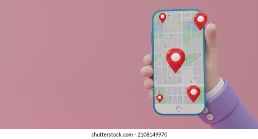 Hand Holding A Smartphone With GPS. Red Navigator Pin Checking  With Map On Blue Smart Phone, Mobile Phone. Copy Space Pink Background. Location Pin, Location Map, Icon. 3d Rendering Illustration.