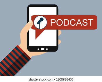 Hand holding Smartphone with Microphone icon: Podcast - Flat Design - Powered by Shutterstock