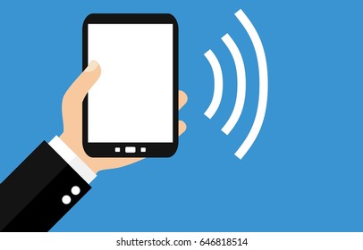 Hand Holding Smartphone Sending Data Flat Stock Illustration 646818514 ...