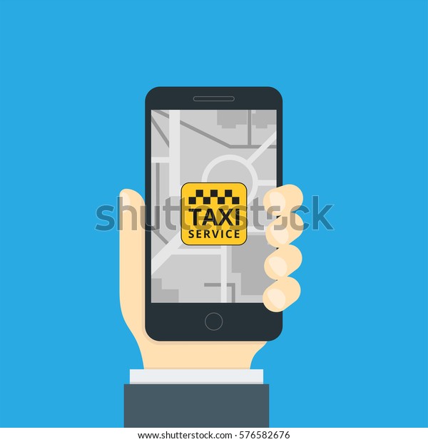 Hand holding smartphone.\
Taxi service application on a screen and location pointer on street\
map. Smart taxi service concept. Cartoon Stock illustration. Raster\
copy.