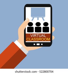 Hand Holding Smartphone: Virtual Classroom - Flat Design