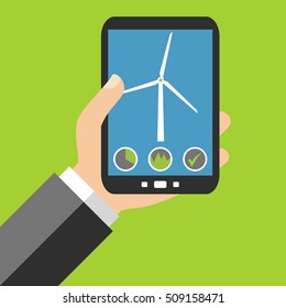 Hand holding Smartphone: Windmill Data - Flat Design