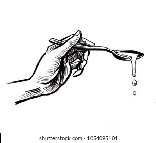 Hand Holding A Spoon. Black And White Ink Illustration