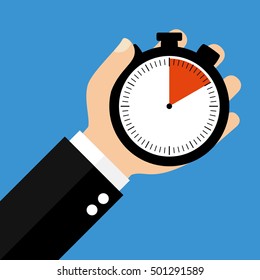 Hand holding Stopwatch showing 10 Seconds 10 Minutes or 2 Hours - Flat Design