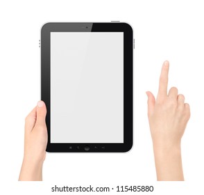 Hand Holding Tablet Pc With Touching Hand. High Quality And Very Detailed Realistic Illustration Of Android Tablet Pc. Add Clipping Path For Touching Hand. Isolated On White.