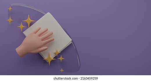 Hand holding washcloth icon housekeeping. Hand cleaning on a purple background. Cleaning napkin glyph icon. Windows cleaning cloth. Surface wiping, disinfection. Copy space. 3D rendering. - Powered by Shutterstock